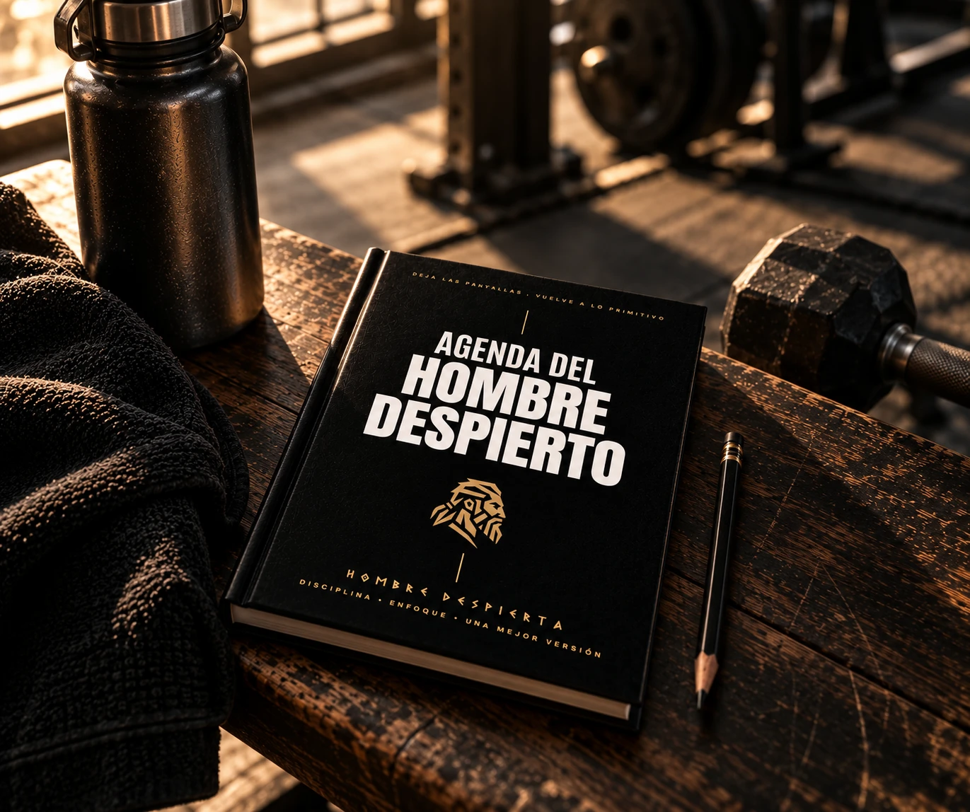El journal para hombres en una banca de gimnasio junto a una mancuerna y un termo