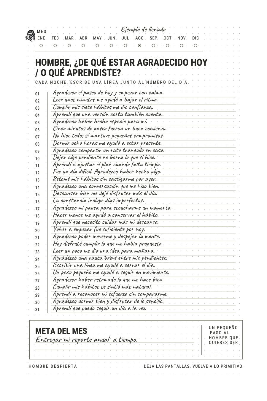 Página del mes con una línea de agradecimiento por día y la meta del mes